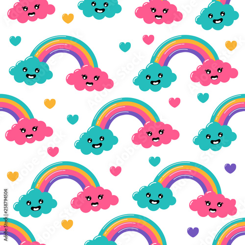 kawaii Pastel Cuts weather rainbow clouds cartoon with Funny Faces Seamless pattern on White Background. Vector illustration.