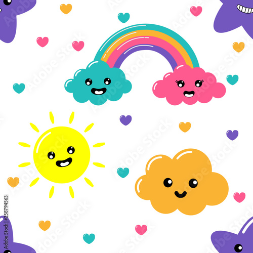 kawaii Pastel cuts weather rainbow, clouds, sun and stars cartoon with Funny Faces Seamless pattern on White Background. Vector illustration.