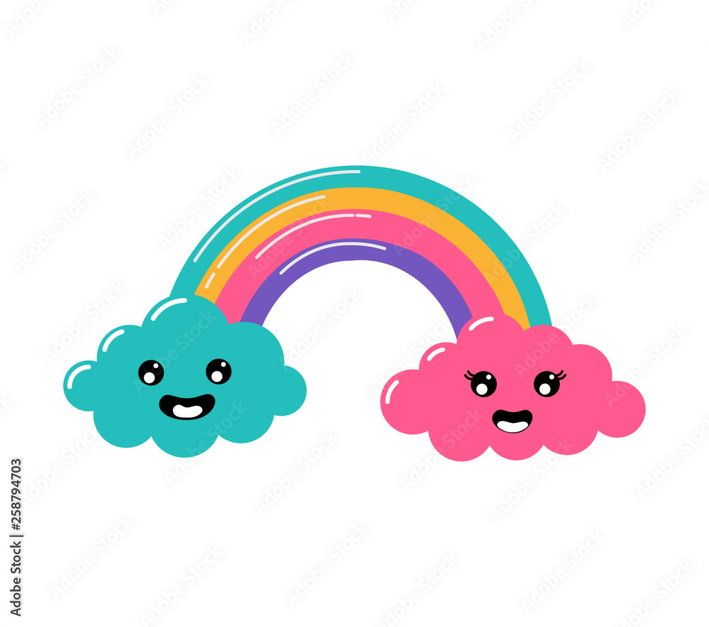 Fototapeta premium kawaii Pastel cuts weather rainbow and clouds cartoon with Funny Faces isolated on White Background. Vector illustration.