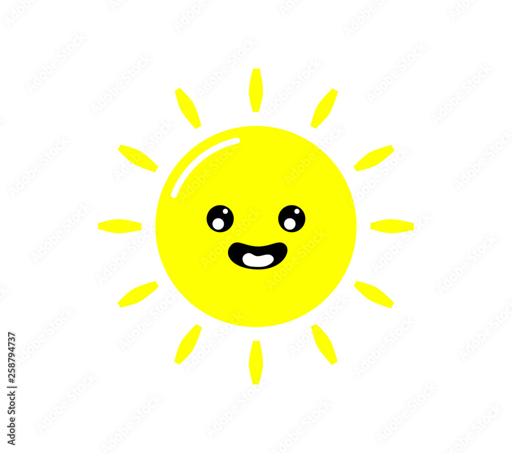 kawaii cuts sun cartoon with Funny Faces isolated on White Background. summer Vector illustration.
