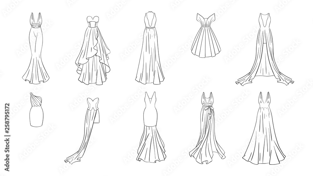 A set of different dresses. Modern and classic style. Dresses for prom, gala evening, wedding, masquerade, points. A set of different dresses. Modern and classic style. Dresses for prom, gala evening, wedding, masquerade, points.