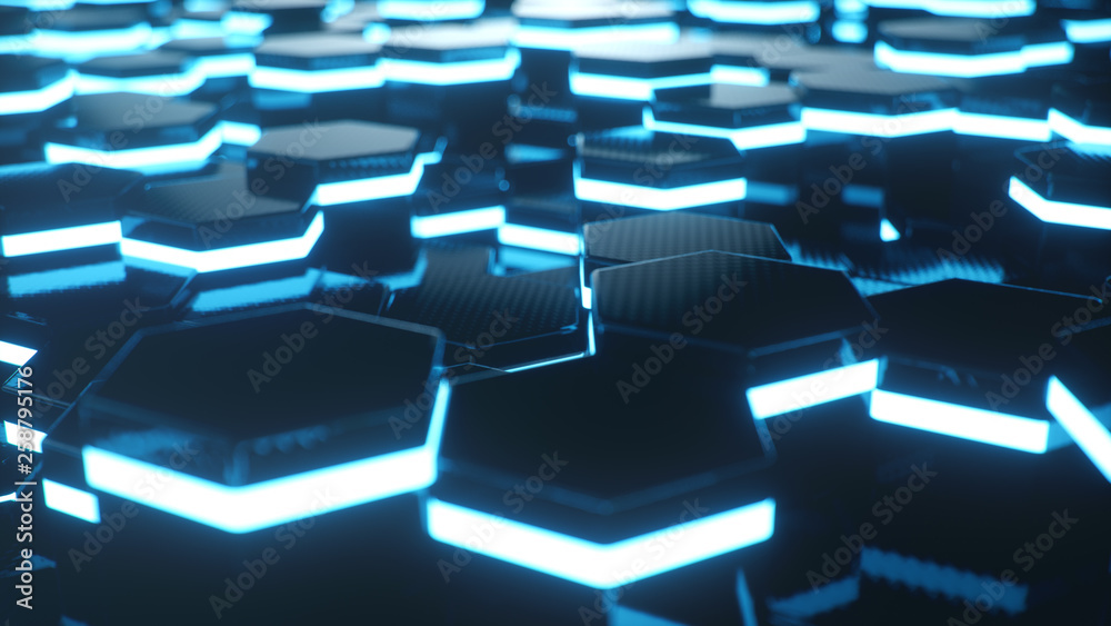 Abstract blue of futuristic surface hexagon pattern with light rays. Blue geometric hexagonal abstract background. 3D illustration Abstract blue of futuristic surface hexagon pattern with light rays. Blue geometric hexagonal abstract background. 3D illustration
