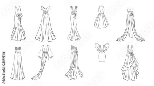 A set of different dresses. Modern and classic style. Dresses for prom, gala evening, wedding, masquerade, points. 