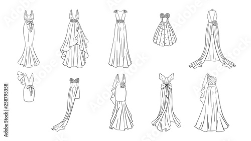 A set of different dresses. Modern and classic style. Dresses for prom, gala evening, wedding, masquerade, points. 