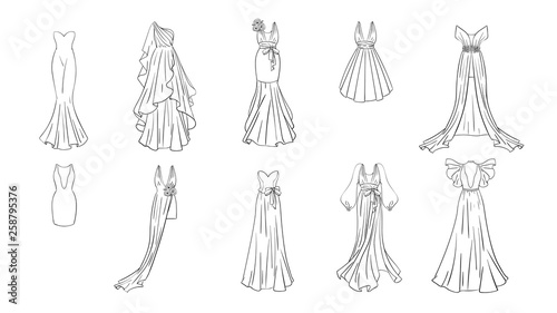 A set of different dresses. Modern and classic style. Dresses for prom, gala evening, wedding, masquerade, points. 