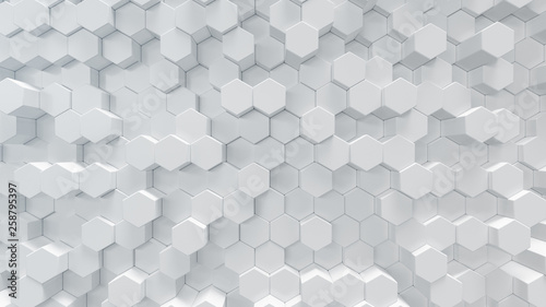 3D illustration white geometric hexagon abstract background. Surface hexagon pattern, hexagonal honeycomb.