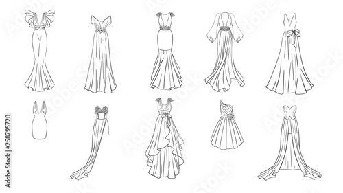 A set of different dresses. Modern and classic style. Dresses for prom, gala evening, wedding, masquerade, points. 