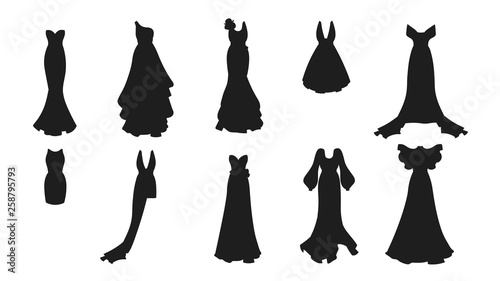 A set of different dresses. Modern and classic style. Dresses for prom, gala evening, wedding, masquerade, points. 