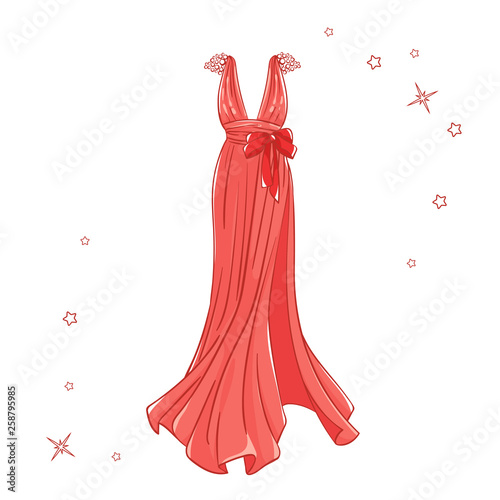 Model dress for prom, ball, solemn event. Ruffles and ornaments on the dress. Clothing design.