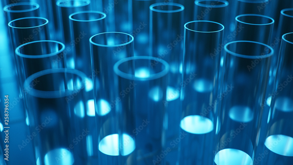 Chemical reaction, flasks with different laboratory glassware and liquid for analysis. Scientific laboratory on a blue background, 3D illustration Chemical reaction, flasks with different laboratory glassware and liquid for analysis. Scientific laboratory on a blue background, 3D illustration