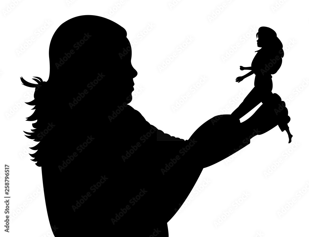 a girl playing with doll, silhouette vector