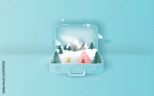 illustration of Travel holiday tent camping trip winter suitcase concept.Graphic for snowfall  winter season paper cut and craft style.Creative design idea for christmas pastel background. vector.