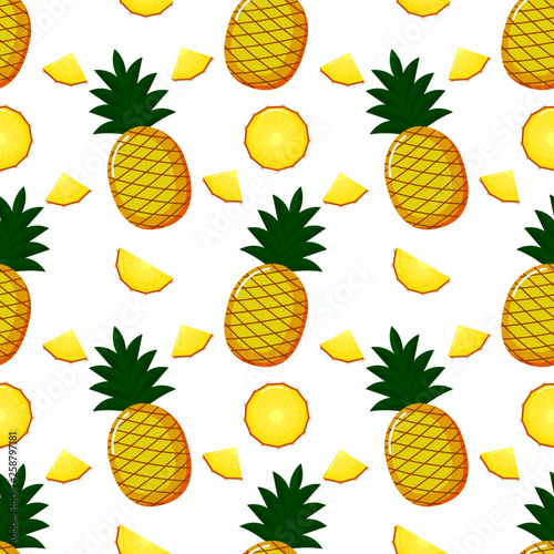 Pineapple Seamless pattern and slices. Summer fruit summer on white background. Elements for menu. tropical textile print. Vector illustration.