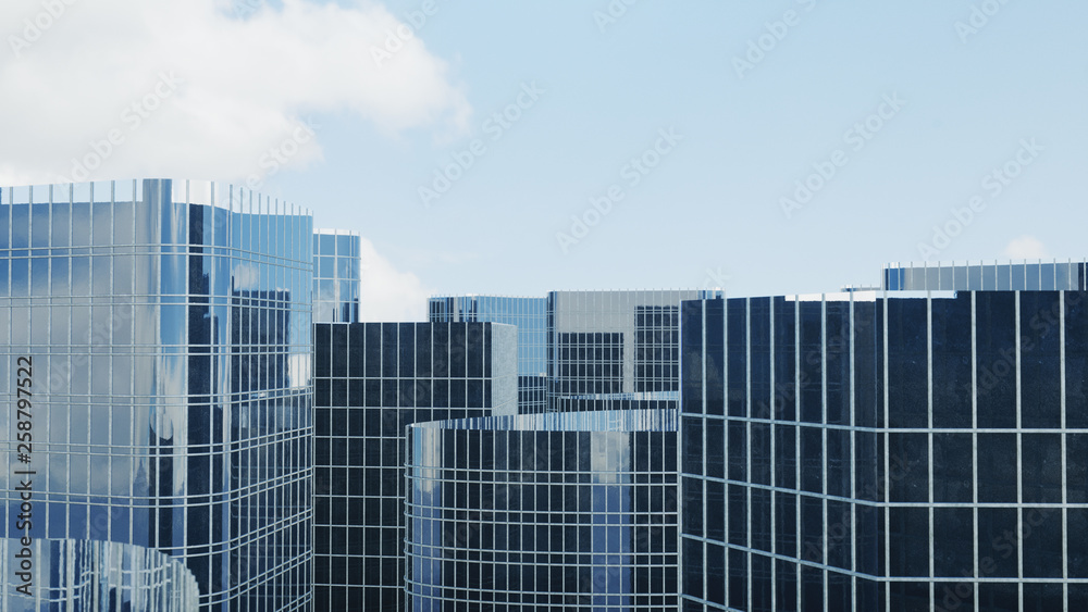 Front view of skyscrapers. Skyscrapers looking front view. Front view of modern skyscrapers in business district in daylight. Business concept of success, 3D illustration Front view of skyscrapers. Skyscrapers looking front view. Front view of modern skyscrapers in business district in daylight. Business concept of success, 3D illustration