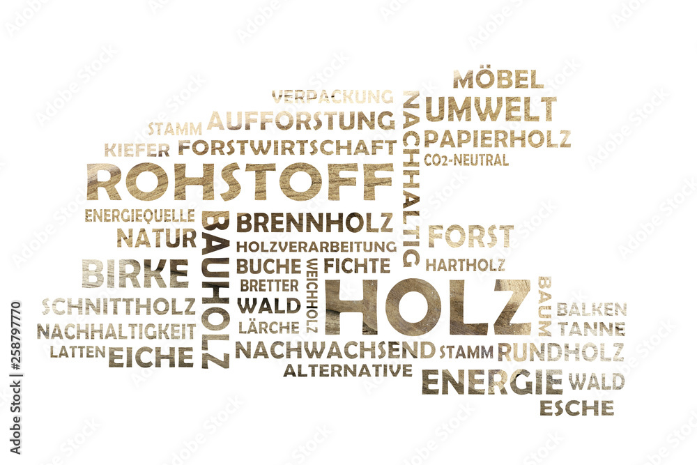Fototapeta premium Word cloud cut out with wood as background and relevant german keywords on the subject of raw material wood