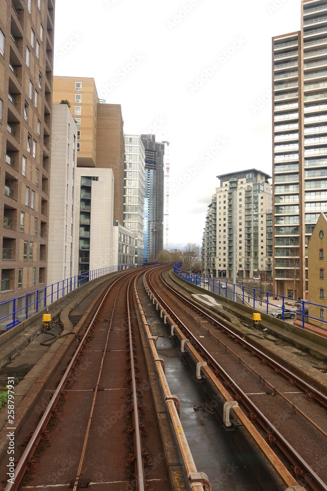 Photo from DLR train rails in Canary Wharf business district, London, United Kingdom