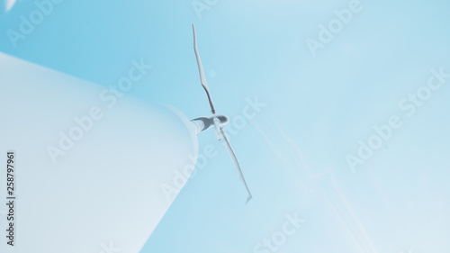 Close-up wind turbine generating electricity bottom view, view from under the water. Clean energy, wind energy, ecological concept, 3d illustration
