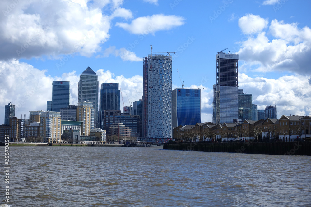 Fototapeta premium Photo of skyscraper complex in iconic Canary Wharf business district area, London, United Kingdom