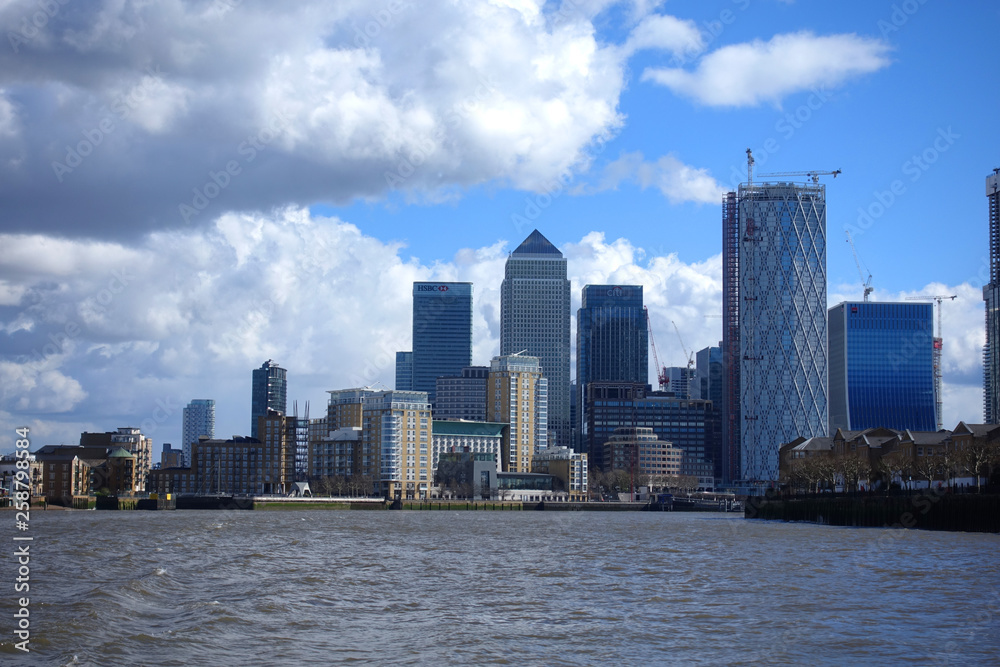 Fototapeta premium Photo of skyscraper complex in iconic Canary Wharf business district area, London, United Kingdom