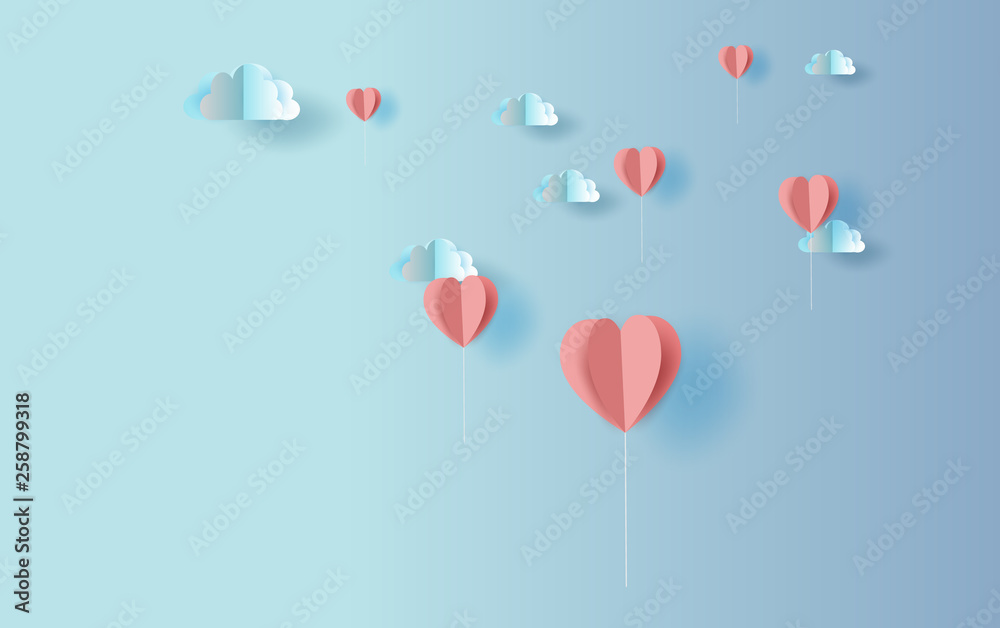 illustration of Origami balloon heart shape with nature cloudscape sky view .Valentine's day decoration red balloons heart concept.Creative design paper cut and craft style for pastel color vector.