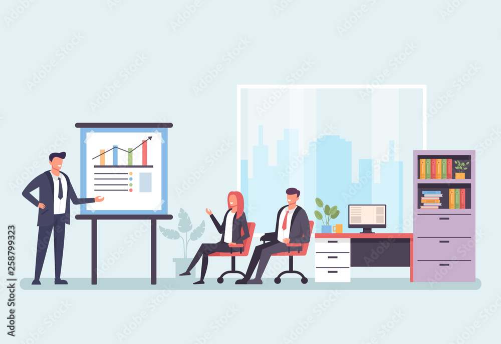Business people office workers characters meeting in office and discussion business plan. Successful business office life concept. Vector design graphic flat cartoon isolated illustration
