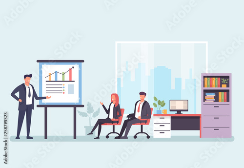 Business people office workers characters meeting in office and discussion business plan. Successful business office life concept. Vector design graphic flat cartoon isolated illustration