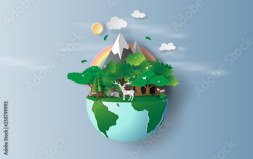 illustration of reindeer in green trees forest,Creative Origami design world environment and earth day concept idea.landscape Wildlife with Deer in green nature plant by rainbow pastel.paper cut,craft