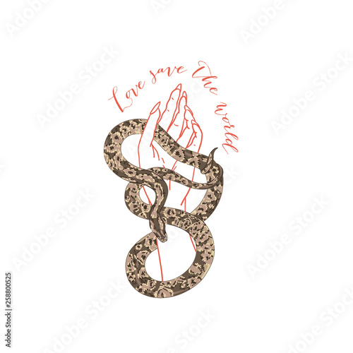 Snake with flowers. Love save the world slogan
