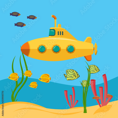 Yellow submarine, Underwater world. Expedition in the depths of the sea. Bathyscaphe with periscope. Flat cartoon style. Vector image.