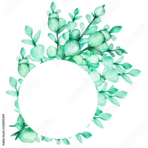 Watercolor illustration. Eucalyptus branches are gathered in a delicate floral round frame. Element for decoration of postcards and original design, with space for text.