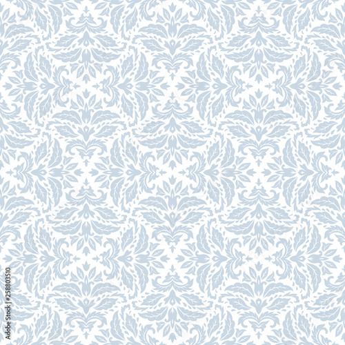 Abstract leaves pattern. Seamless vector background in baroque, damask style. Gray and white texture. Graphic wallpaper.