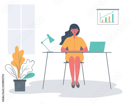 Office worker in the workplace. Young woman is sitting at the desk in the office room. There is a laptop, a lamp, a diagram and a flower in the picture. Funky flat style. Vector