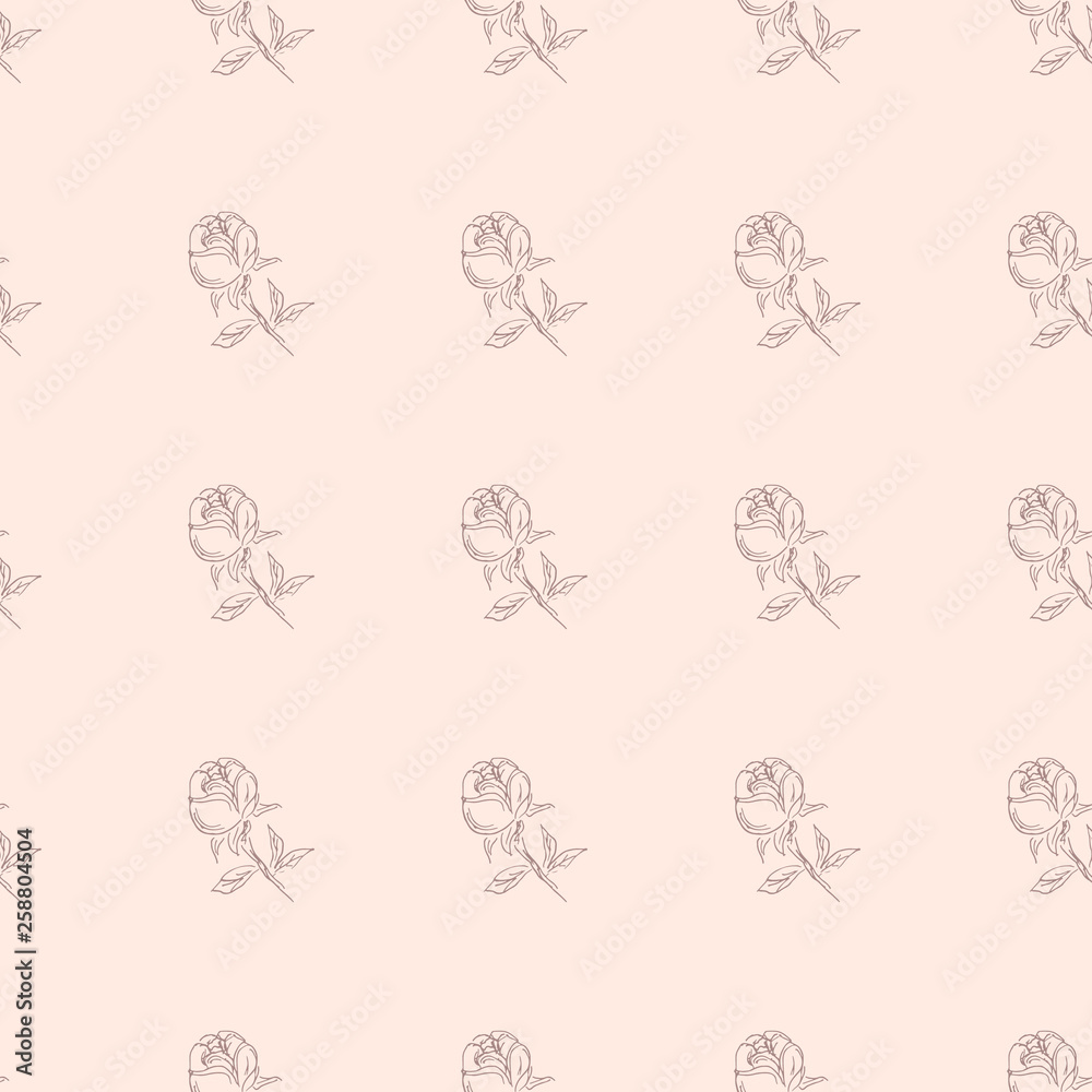 Vector floral seamless pattern with blooming roses. Seamless floral pattern on a gentle beige background. Roses are drawn in pencil.