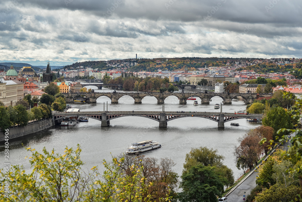 Gorgeous view on Prague city center, Vltava river and cascade of bridges, Czech Republic. Autumn Prague.
