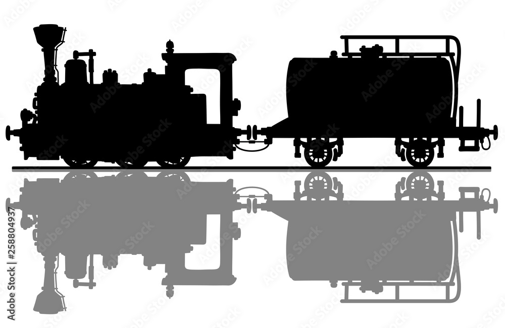Fototapeta The black silhouette of a vintage small steam locomotive and the tank wagon