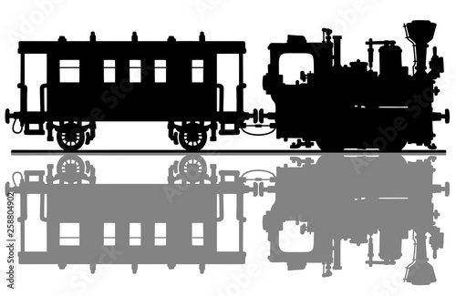 The black silhouette of a vintage small steam locomotive and the passenger wagon