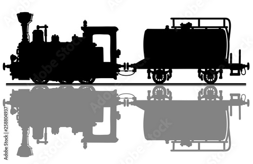 The black silhouette of a vintage small steam locomotive and the tank wagon