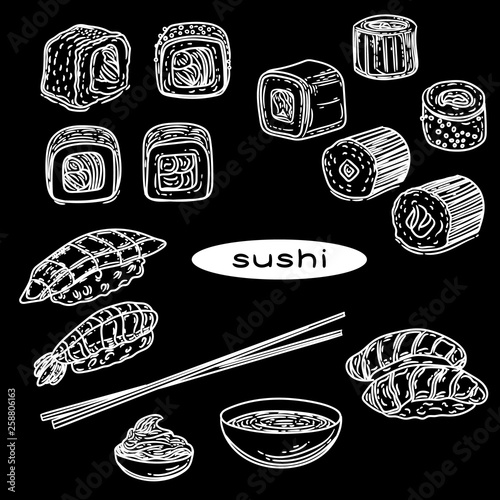 Vector hand drawn of sushi rolls wasabi and chopsticks.