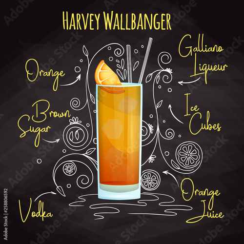 Simple recipe for an alcoholic cocktail Harvey Wallbanger. Drawing chalk on a blackboard. Vector