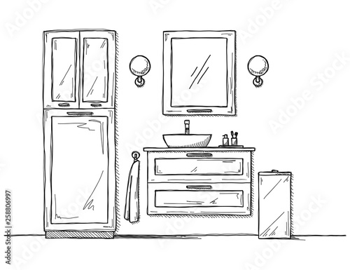 Sketch the bathroom. Bathroom furniture and washbasin.