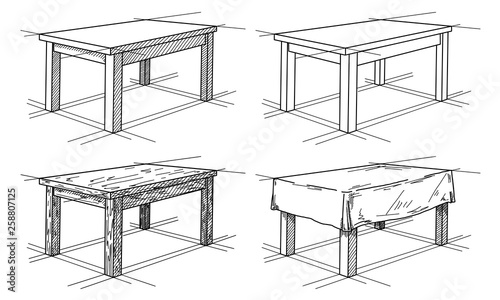Realistic sketch of different tables in perspective. Table set. Vector