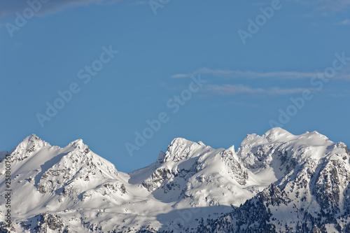A mountain range with peaks covered in snow. There are pine trees at lower altitude, and blue sky with white clouds behind. Taken in the French Alps near Grenoble.