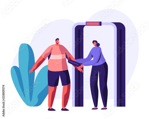 Airport Security Check Concept with Guard Character Scanning Passenger with Metal Detector