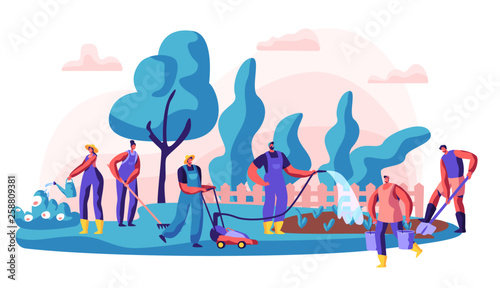 Gardener Caring of Residential Territory. Character Watering Bush and Flower, Digging and Working with Lawn Mower. Summer Vacation or Community Gardening. Flat Cartoon Vector Illustration