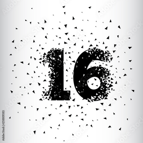 Broken numbers 16. Explosion effects. Vector and illustration.