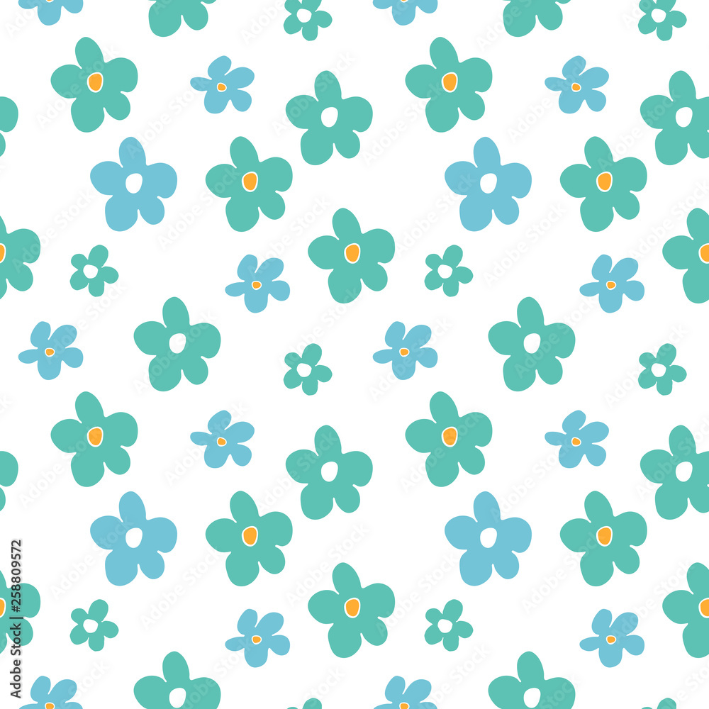 Summer seamless pattern with blue flowers. Floral cartoon printing. Summer seamless pattern with blue flowers. Floral cartoon printing.