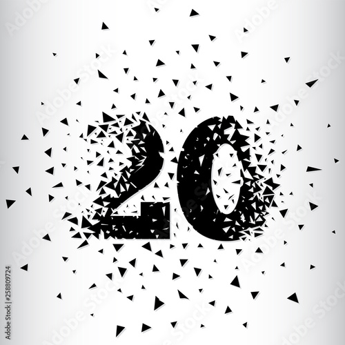 Broken numbers 20. Explosion effects. Vector and illustration.