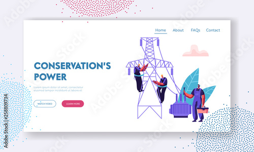 Electrician Workers Repairing Power Line Landing Page. Electrical Facilities Concept with Repairman Engineer in Uniform at Wiring Maintenance Work Website, Web Page. Vector flat illustration