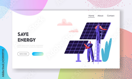 Alternative Clean Energy Concept with Solar Panels and Engineer Character Landing Page Template. Renewable Solar Power Sources Website, Web Page Banner. Vector flat illustration