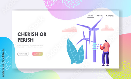 Alternative Energy Sources Concept with Wint Turbines and Worker Character Landing Page. Environment Power Technology Renewable Energy Website, Web Page Banner. Vector flat illustration
